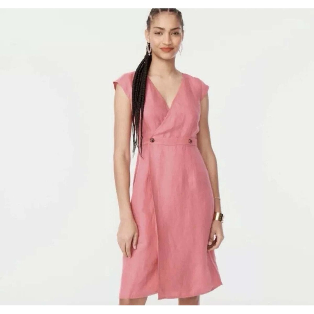 J.Crew Pink Linen Blend Wrap Dress V-Neck Cap Sleeve Size 14